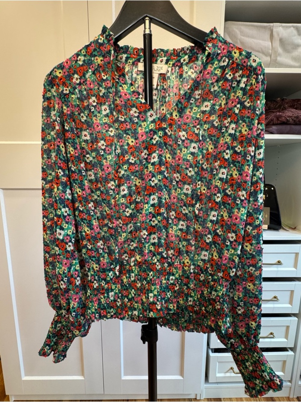 Rachel Zoe Vivid Floral Print  Smocked Hem Blouse  Size XS